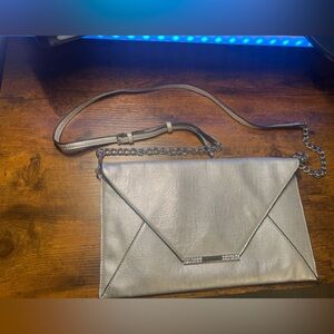 Guess Silver Metallic Envelope Clutch Crossbody Chain Strap